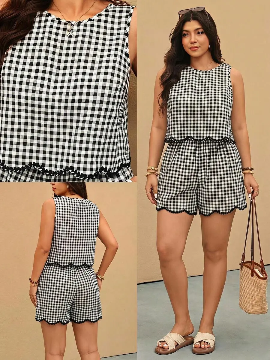 IVVVORY Plus Size Women Plaid Top And Shorts 2 Pieces Casual 90s Set Two Piece Gingham Print Sleeveless Scallop Trim Vacation Black And White Summer