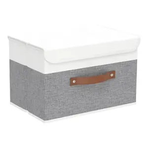 Storage Boxes with Lids Linen Fabric Bin Cube Organizer Basket Washable and Leather Handle for Home Closet White Grey 15.0''Lx9.8''Wx9.8''H 1Pack USNK024WGL1
