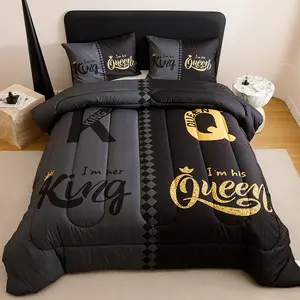 3-piece Queen and King Crown Digital Print Quilt set, black and gold luxury set, includes (1 quilt + 2 pillowcases without pillow cores) and bed sheets without bed caps
