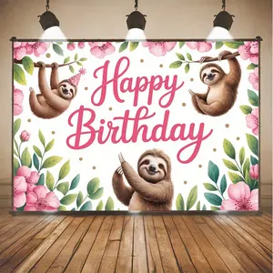 1PC Polyester Reusable Sloth-Themed 2D Flat Backdrop, Pink Flower & Green Leaf Kids Party Banner, Birthday Decoration for Home Festive Background Wall Hanging Photo Cloth