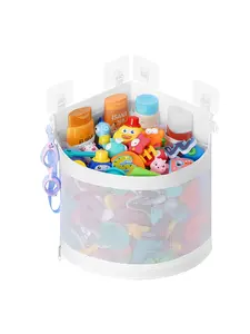 Bathtub Toy Storage Net Bag, Corner Hanging Shower Organizer Rack with 4 Adhesive Hooks, Large Capacity Bath Toy Holder for All Seasons, Bathroom Storage