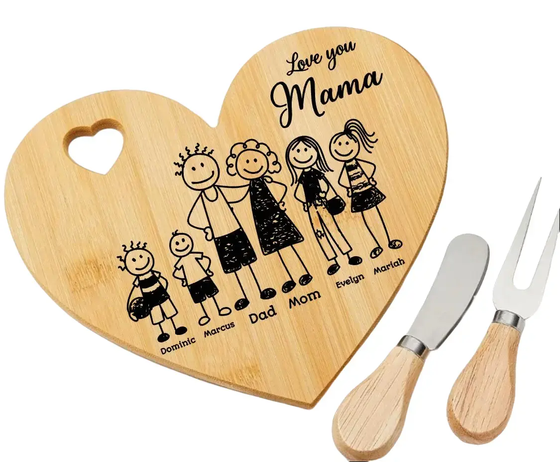 Personalized Heart-Shaped Engraved Charcuterie Chopping Board personalized with your favorite Inscription, Knives-Compatible Kitchen Cutting Board, Tableware Rest Cutlery
