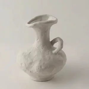 Handmade Ceramic Vase Wabi-sabi Style Vintage White Pottery with Unique Texture and Handle Design