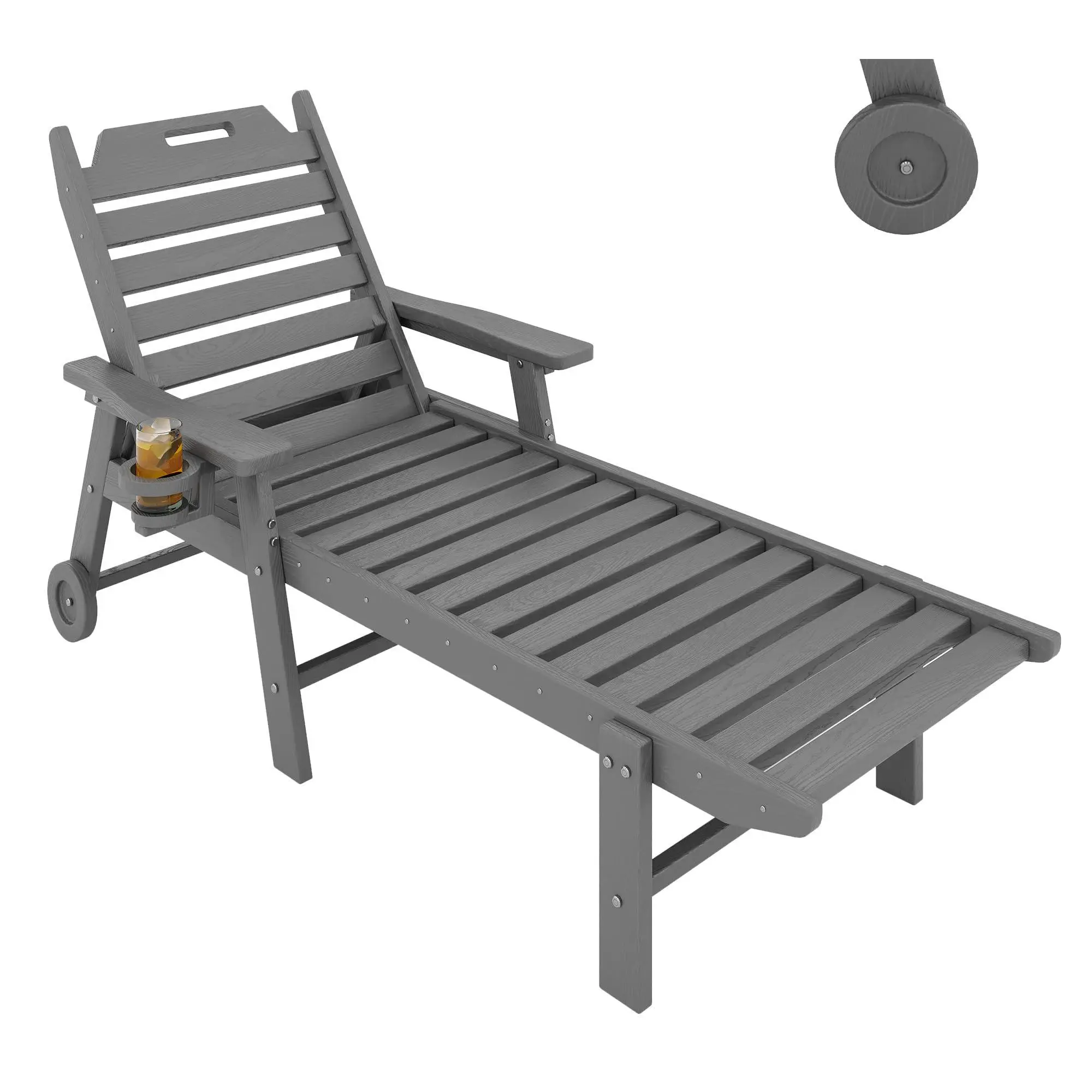 GARVEE HDPE Plastic Oversized Chaise Lounge - Indoor-Outdoor Wood-Texture Chair with 5-Position Backrest, Built-in Cup Holder, Rolling Wheels, All-Weather for Patio, Poolside, Grey