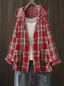 Plus Size Women's Plaid Hooded Woven Fitted Shirt, Womenswear, Casual Everyday Long Sleeve Button Front Top, Fall & Winter Fashion, Comfortable Fit, Trendy Design