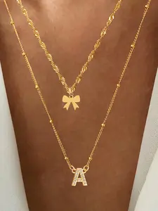 Women's Elegant Zirconia Letter Bow Pendant Necklace Set, Dainty Initials Necklace, Stainless Steel Beaded Wave Chain Multi-Layer Stackable Clavicle Chain Jewelry for All Seasons