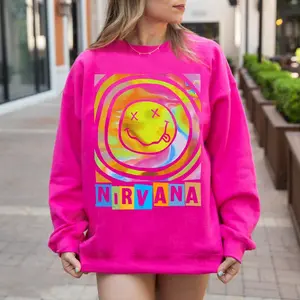 Nirvana Sweatshirt, Nirvana Smile Face Sweatshirt, Pink Nirvana Sweater, Heliconia Pink Sweatshirts, Nirvana 90s Sweater, Nirvana Smile Face, Hot Pink Nirvana Shirt, Gift For Fans, Trendy Nirvana Sweatshirts