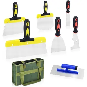 Drywall  Set, 8 count Stainless Steel Drywall Hand Tool Kit Includes Taping , Putty , Finishing Trowel,  Scraper, Yellow handbag