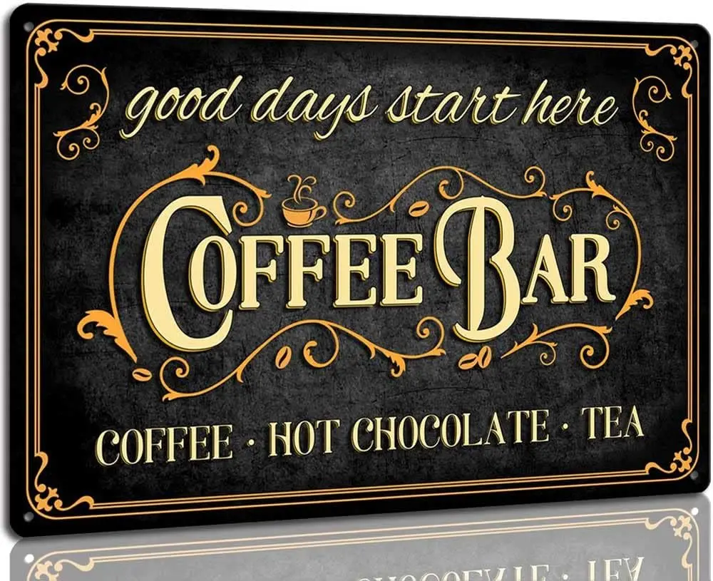 Retro Vintage Metal Coffee Bar Plaque Sign - Waterproof, Elegant, Distressed Finish, Hot Chocolate & Tea Theme, 8x12 in Kitchen Decor Gift for Coffee Station Home Decor, 8 X 12 Inch