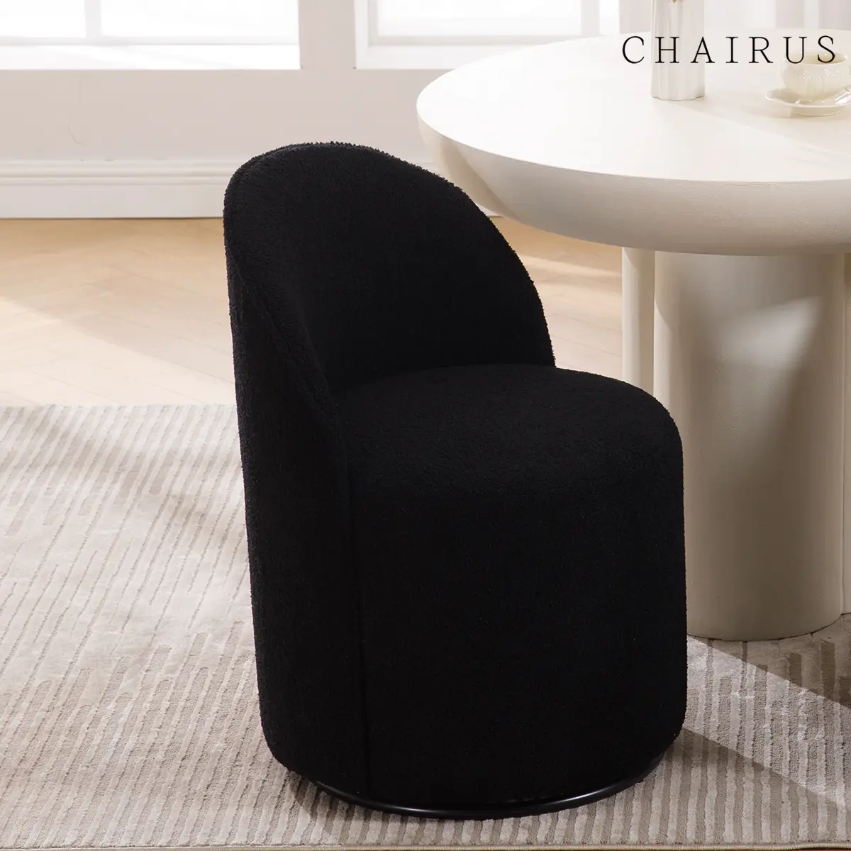 CHAIRUS 360° Swivel Cozy Modern Dining Chair, Barrel Shaped Circular Dining Chair with Round Back, 1 PC Black Sherpa Indoor Furniture Barrel Shaped Armchair, Modern Dining Chairs, 360° Swivel Chairs