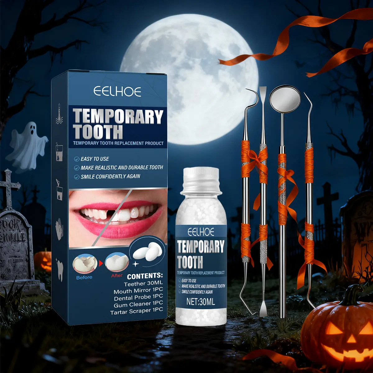 Vampire Fangs Teeth Set & Tooth Repair Kit – Fake Vampire Fangs for Men & Women - Moldable Tooth Filling Repair Kit with Dental Tools for DIY Fixes on Missing & Broken Teeth