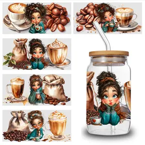 5 Sheets Coffee Girl UV DTF Stickers Themed UV DTF Transfer Paper - Waterproof & Scratch Resistant, 3D Crystal Clear Decals for Glass Cups, Mugs, Laptops, Refrigerators