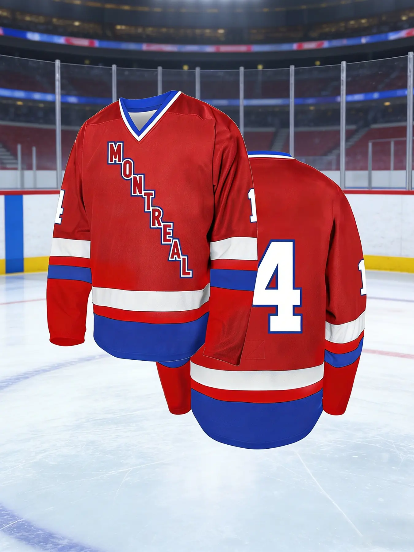Montreal Retro Italic Letter Hockey Jacket, Red/White/Blue Contrasting Color V-Neck Shirt, American Retro Style! A Must-have Loose Jacket for Trendy People Out and About