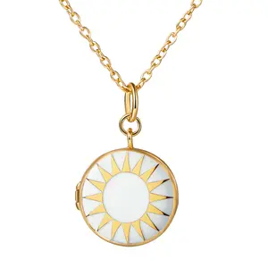 Personalized Enamel Locket Necklace: Sun Pattern Gold Plated Jewelry for Women Dainty Preppy Locket Pendant for Mother Sisters Friends
