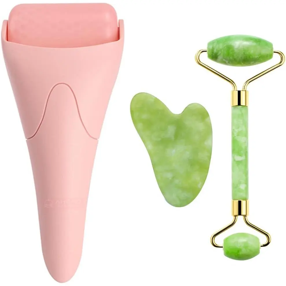 3-in-1 Natural Jade Roller and Gua Sha Set for Face and Eye Ice Roller Facial Cooling Massage Roller