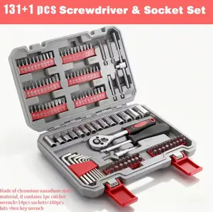 131pcs Home Repair Tool Set -General Home/Auto RepairHand Tool Set, Toolbox Storage Case with Driver HandleSocket Wrench Hex Keys Screwdriver Bits -Perfect forHomeowner, DlY, Handyman