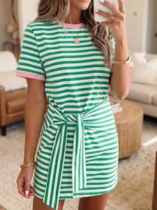 Summer Staple Alert! 100% Cotton Striped Bodycon Dress (Waist-Defining Tie!) This T-Shirt Dress is everything! The cutest striped summer OOTD (Pure Cotton)