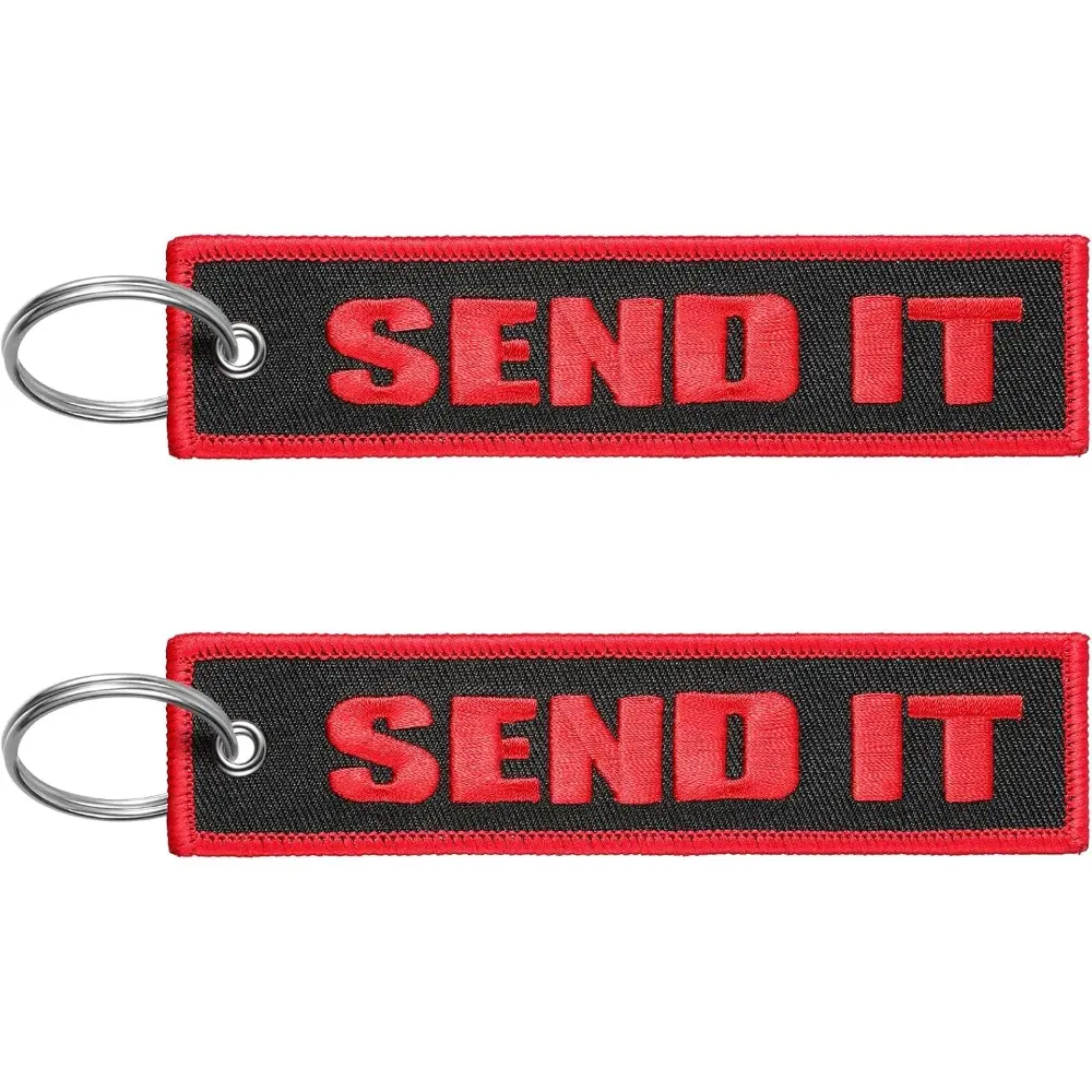 Durable Embroidered Tag Double-Sided Keychain Key Ring - 2 Pcs Automotive & Motorcycle Key Accessories, 1.18 by 5.12 inches, Ideal for Car/Motorcycle Meets & Gifting to Men, Fabric, Send It, Motorcycles