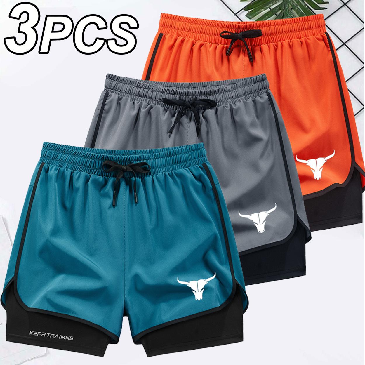 Men's 2 in 1 Quick Dry Gym Shorts, Bull Graphic Double-Decker Athletic Shorts with Zipper Pockets, 3 Pack Workout Running Shorts for Men Men's 2 in 1 Quick Dry Gym Shorts, Bull Graphic Double-Decker Athletic Shorts with Zipper Pockets, 3 Pack Workout Running Shorts for Men