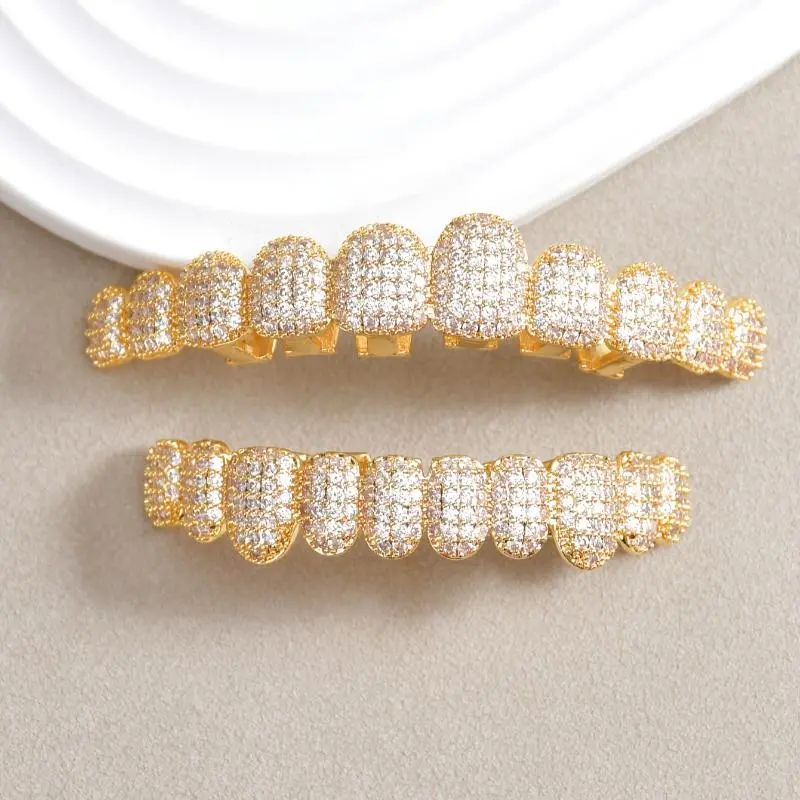 Unisex Hip Hop Cubic Zirconia Teeth Grill Set - Top & Bottom Kits, Stainless Steel Temporary Veneer with Sparkle Effect & Glitter Look, Party Gift & Fathersdaygift for Rappers