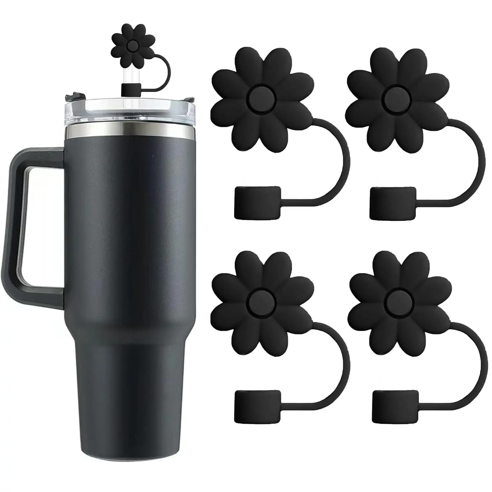 Flower Straw Covers Toppers for Stanley Cups 30&40 Oz Tumbler Accessories 4PCS Silicone Straw Caps Reusable Straw Tips Protectors for Stanley Cup 10mm 0.4in Straws