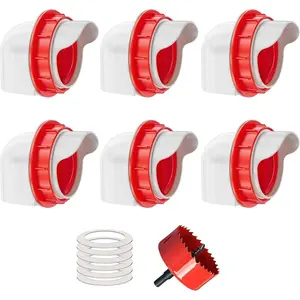 Chicken Feeders No Waste, DIY Automatic Poultry Feeder 6 Ports 1 Hole Saw with Covers Gravity Feed Kit for Buckets Barrels Bins Troughs Automatic Gravity Chicken Feeder Kit hole saw port poultry feeder