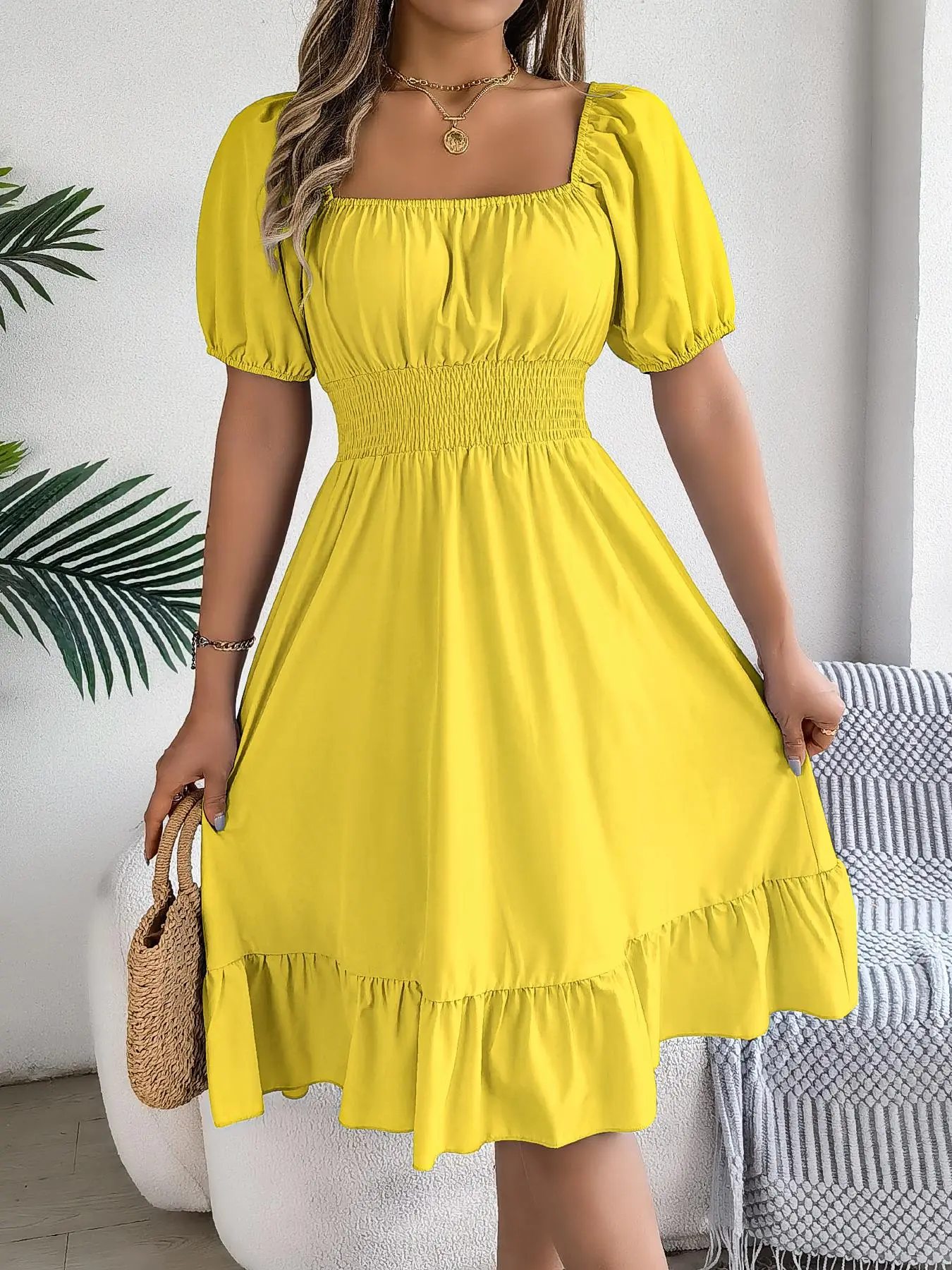 Women's Casual Fitted Plain Ruffle Hem Shirred Puff Sleeve A-Line Dress, Elegant Aesthetic Feminine Short Sleeve Square Neck Knee-Length Dress for Summer, Ladies French Style Dress for Beach Holiday - TikTok Shop Women's Casual Fitted Plain Ruffle Hem Shirred Puff Sleeve A-Line Dress, Elegant Aesthetic Feminine Short Sleeve Square Neck Knee-Length Dress for Summer, Ladies French Style Dress for Beach Holiday - TikTok Shop
