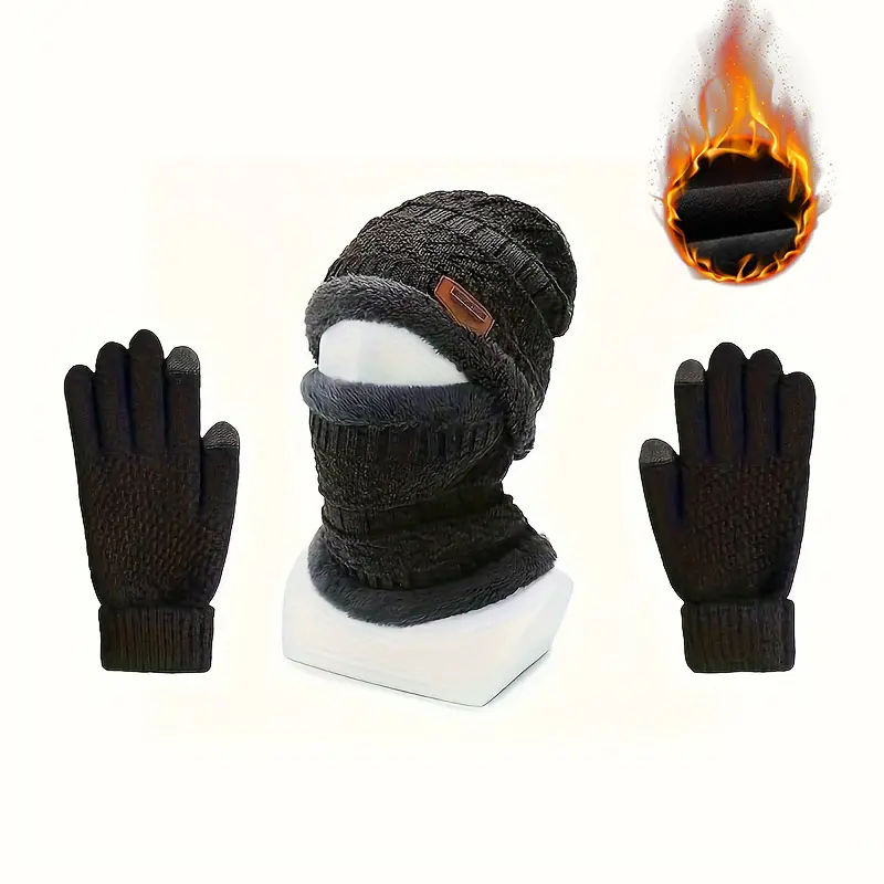 Men's & Women's Thermal Knit Hat and Gloves Set - Thick Winter Warmth with Fleece Lining, Elastic Cuff & Snug Fit - Outdoor Cold-Weather Accessories for Skiing, Snowboarding, Christmas (Unisex, Durable & Stylish)