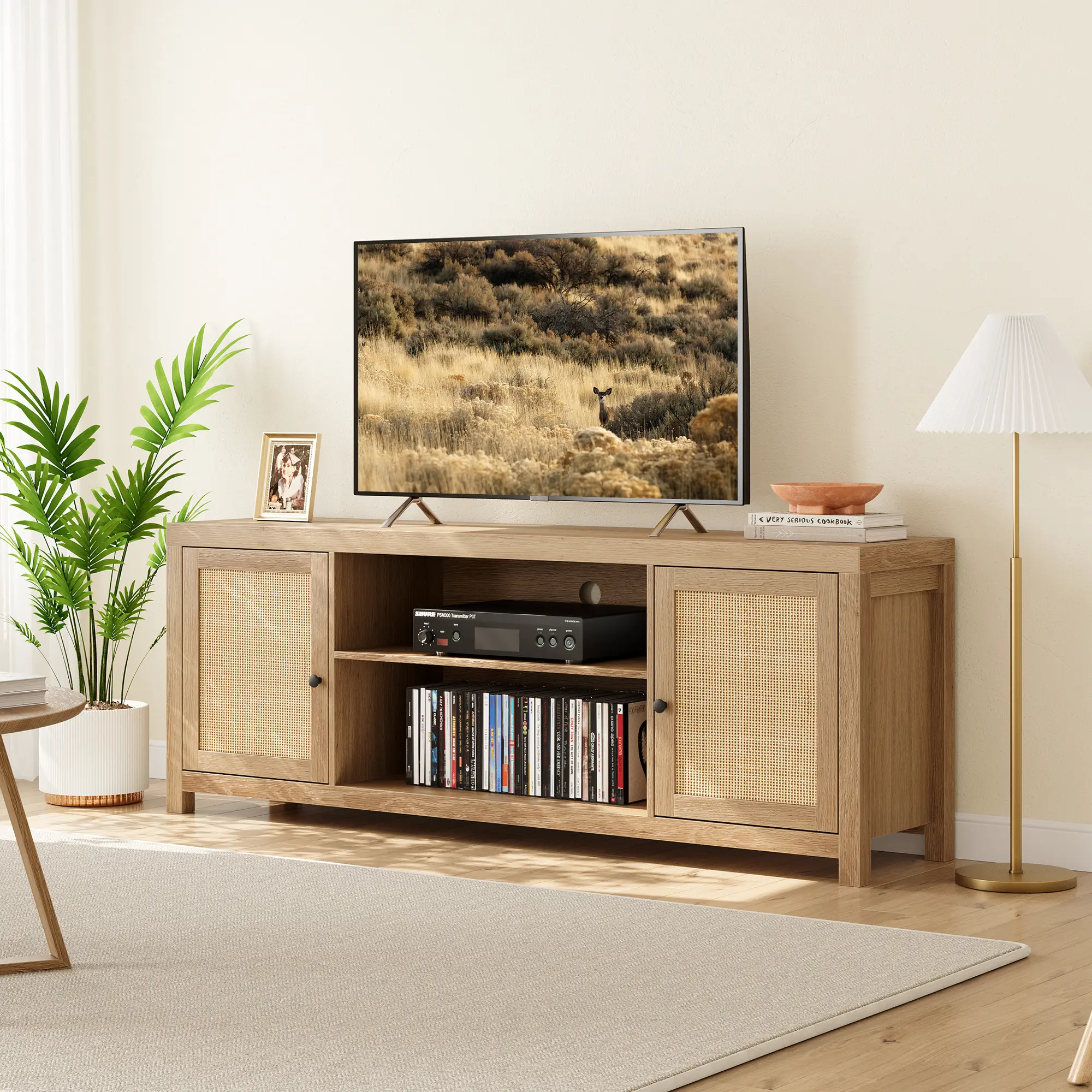 Rattan TV Stand for 65 Inch, Boho Entertainment Center with Storage and Doors, Boho TV & Media Cabinet 2-Tier Storage for Living Room Bedroom