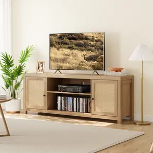 Rattan TV Stand for 65 Inch, Boho Entertainment Center with Storage and Doors, Boho TV & Media Cabinet 2-Tier Storage for Living Room Bedroom