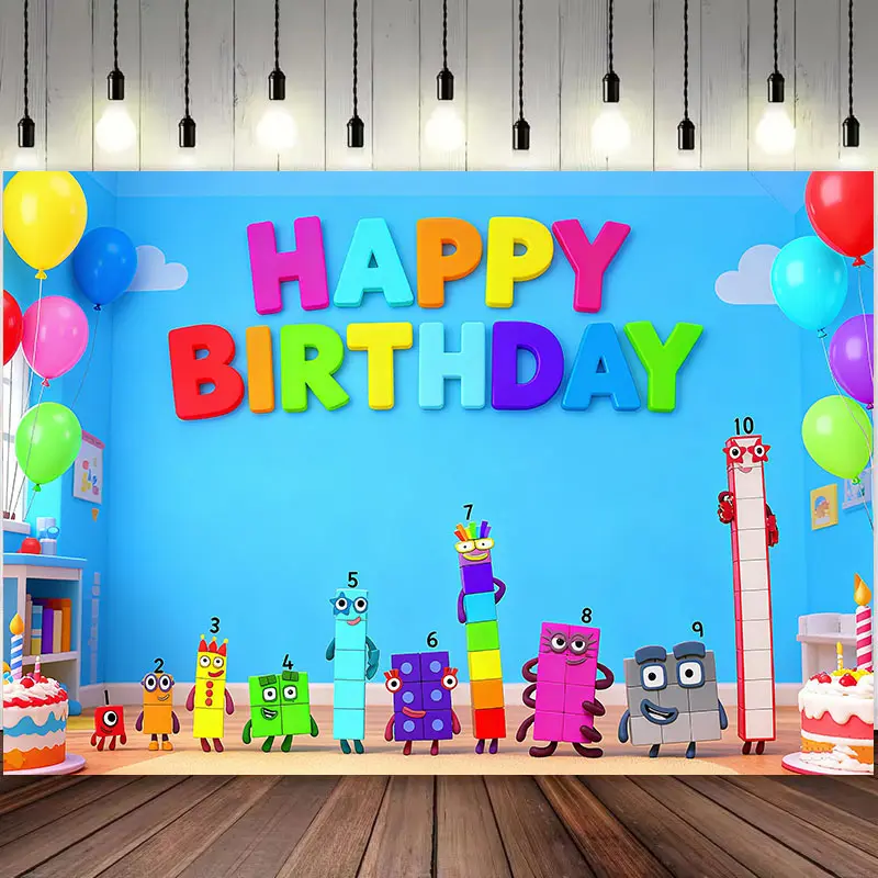 Cartoon Anime Numberblocks Happy Birthday Banner, Backdrop Party Photography Background, Wall Art, Outdoor Home Decor, Party Supplies, Party Decorations, Party Decorations Banners, Decorative Banner
