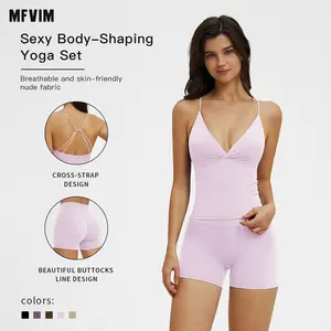 MFVIM Women’s Solid Crop Camisole Top & High-Waist Shorts Sports Set, Casual, Breathable, Comfortable, Seamless Two-Piece Set for Yoga, Gym Workouts, and Running, Ladies’ Sportswear for All Seasons