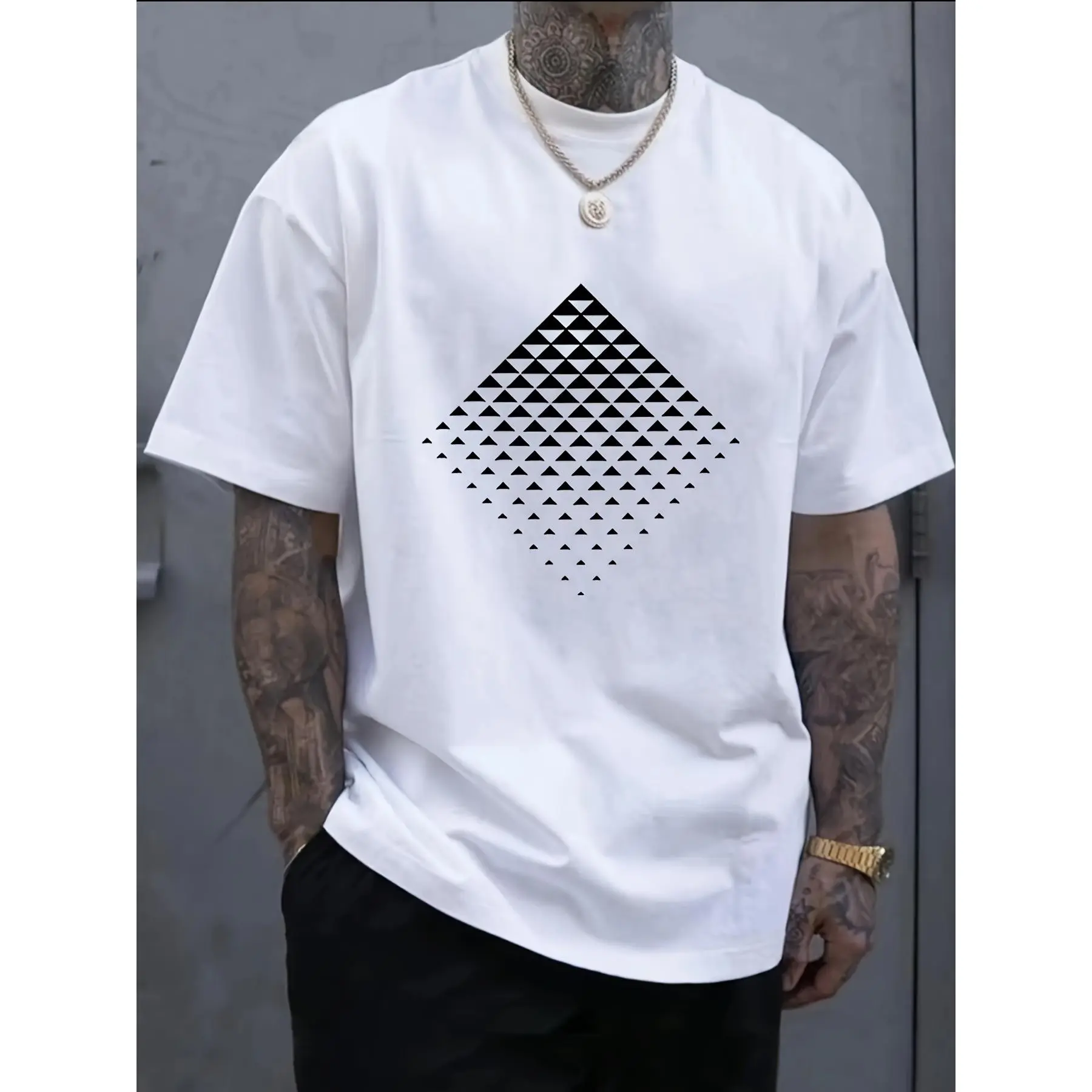 Men's Geometric Print Knit T-Shirt, Casual Shortsleeve Round Neck Menswear in 100% Cotton with Slight Stretch, Customizable, Heat Printed