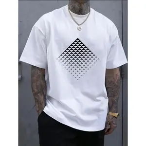 100% Cotton Menswear Knit T-Shirt - Stylish Round Neck, Shortsleeve, Stretch Fabric, Geometric Print, Casual Comfort for Daily Wear, White Graphic Tee