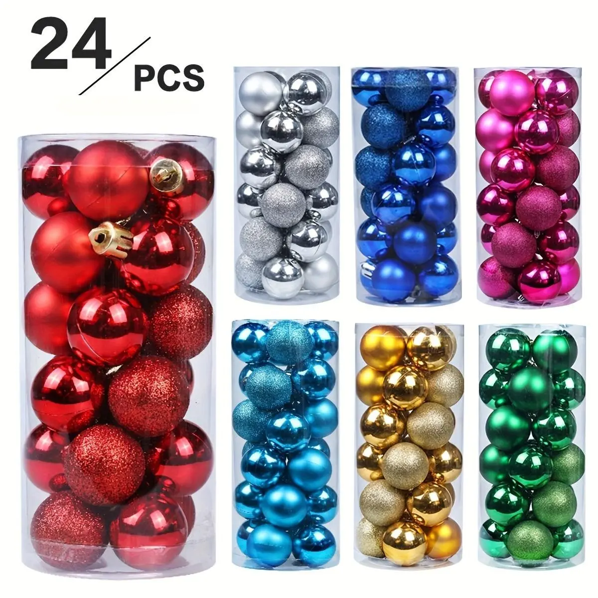 24 Piece Multi-Color Christmas Decorations, Decoration Set, 1.18 Inch Plastic Shatterproof Balls, Metal Finish, Perfect for Tree Decoration, Holiday Home Decor