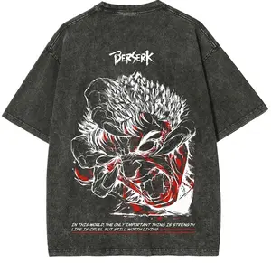 Men's Berserk Japanese Anime Graphic T-Shirt - Short Sleeve Ribbed Seamless Garment-Dyed Cotton Unisex Apparel, Dark Fantasy Oversized Streetwear Black & Red Casual Top