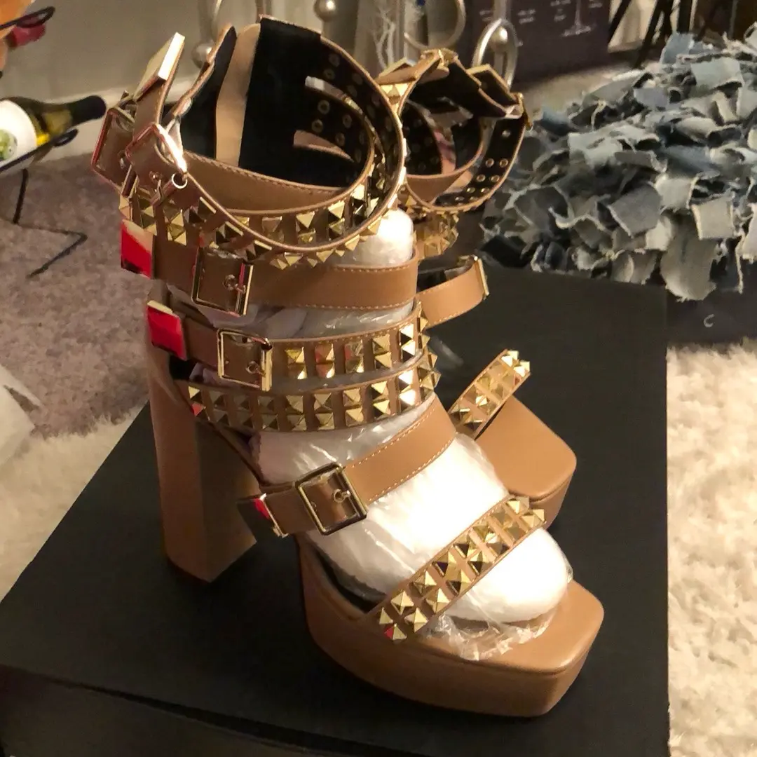 Nude Gold Studded Block Platform Heels for Women