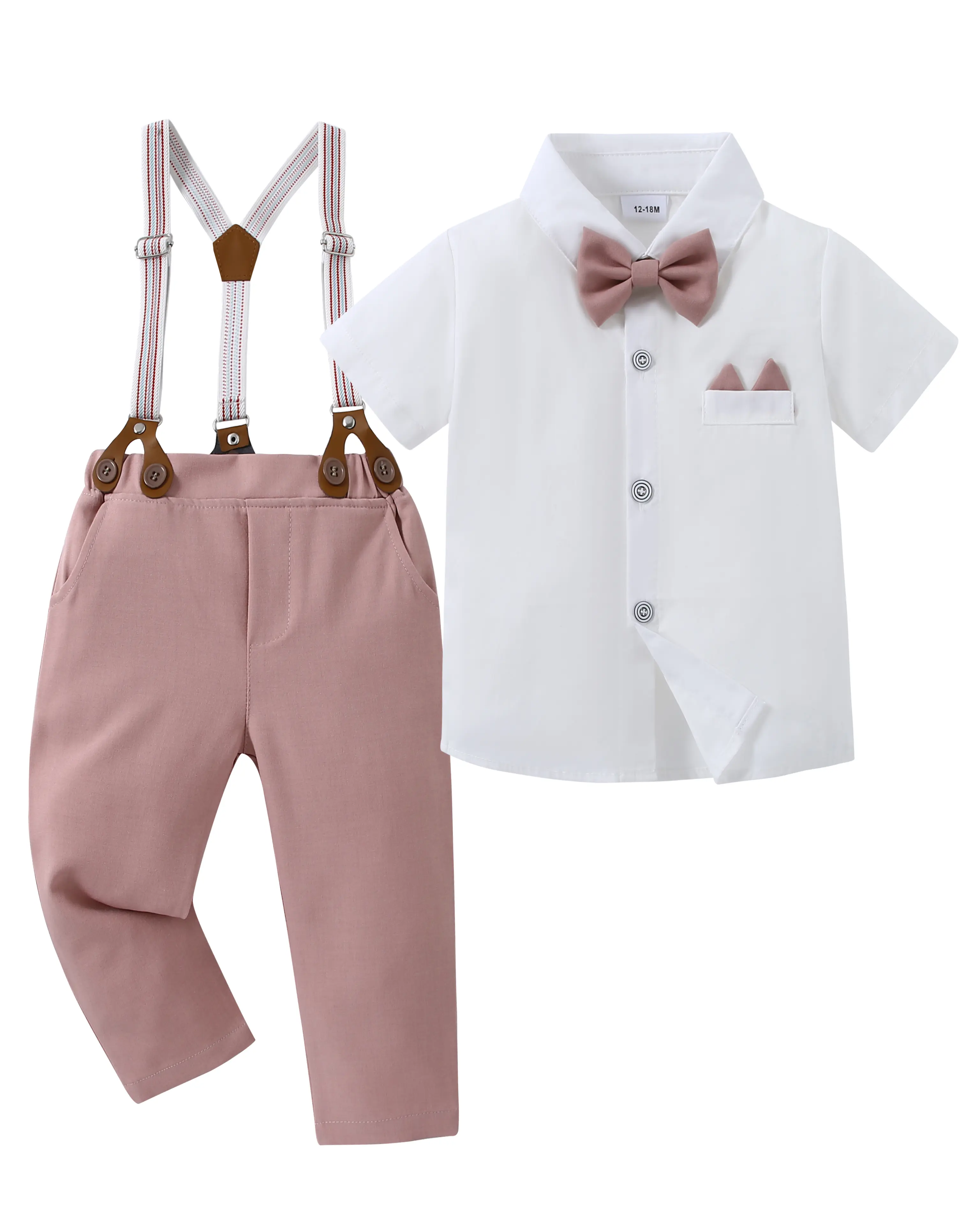 Boys' Formal Suit Set - Toddler 2-Piece Plain Cotton Blend Clothes Kids Outfit with Dress Shirt, Detachable Bowtie, Suspenders, Elastane, Fitted, Breathable Soft Fabric for Church, Baptism