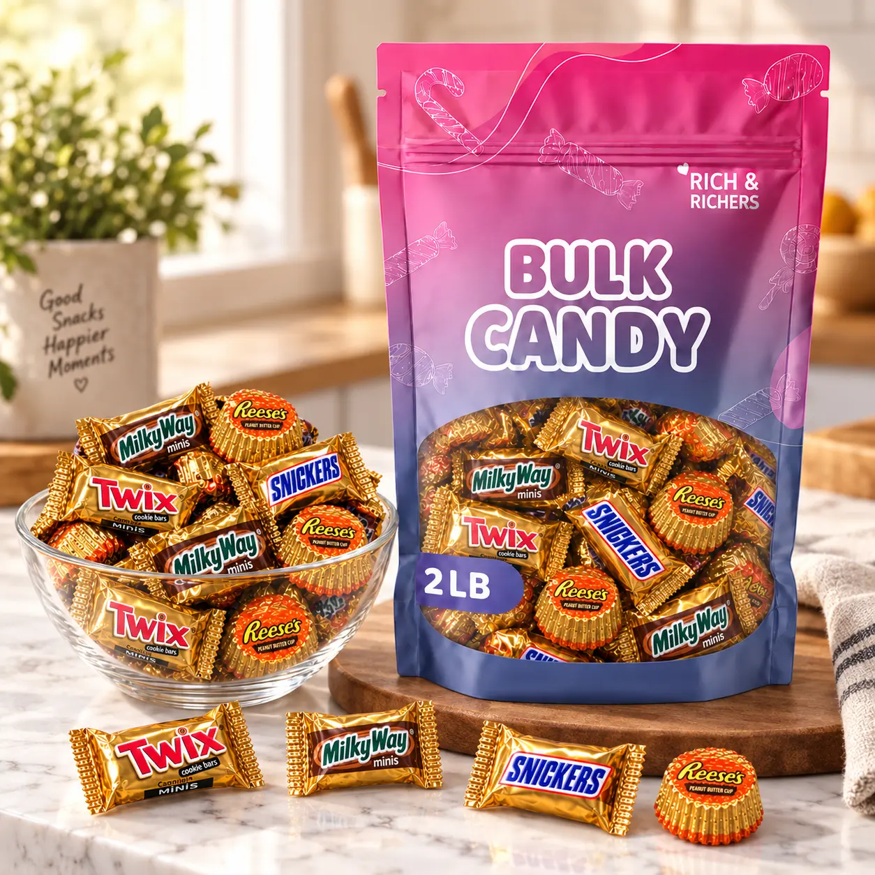 Rich & Richers Reese's, Snickers, Twix & Milky Way Minis Chocolate Assortment | 2LB Bulk Variety Mix | Halloween Trick or Treat Sweets