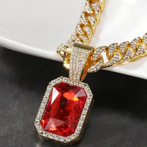 Ornament Fashion New Square Red Full Diamond Pendant Men's Versatile Fashion Brand Hip Hop Cuban Necklace