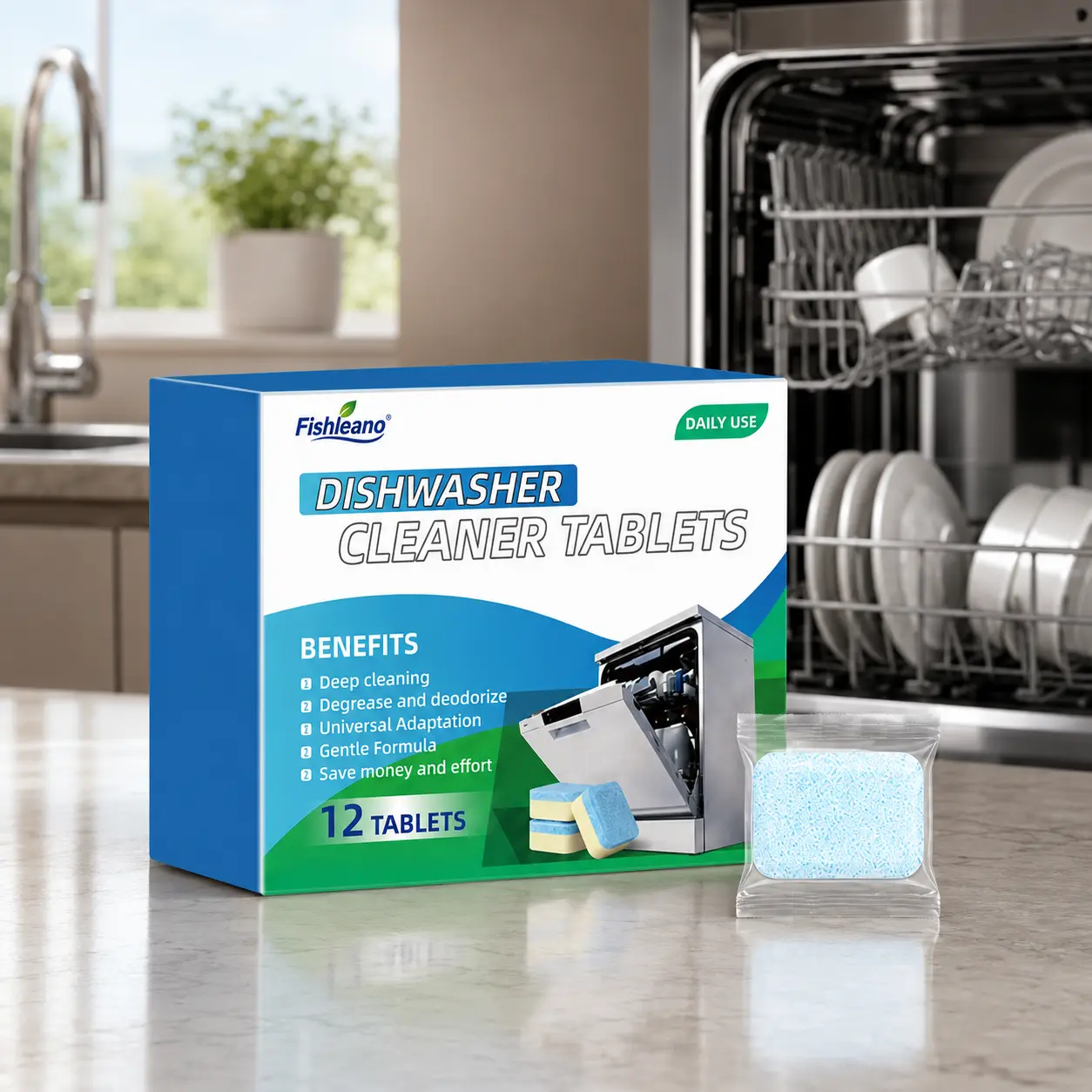 Fishleano Dishwasher Cleaner Tablets | 12 Count, Non-Toxic Nickel-Free & Earth-Friendly Formula, Cleans Internal Components, Removes Limescale and Eliminates Odors, Easy to Use