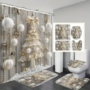 1/4pc Luxury Christmas Tree Shower Curtain Set: Waterproof shower curtain, non-slip bathroom mat, U-shaped toilet seat cover, and toilet seat cover. Perfect for bathroom decoration, partitioning, and beautifying the space, Bathroom Decoration Accessories