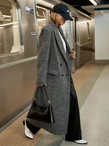 Women's Herringbone Pattern Lapel Collar Long Sleeve Long Overcoat, Autumn/Winter Casual