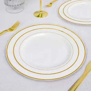 10-Pack Plastic Dessert Plates 8" White with Très Chic Gold Rim - Durable Disposable Salad Plates