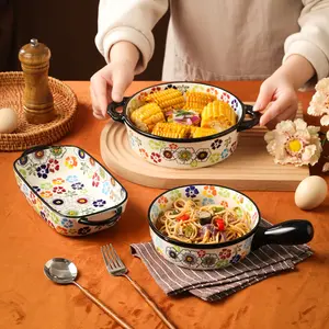 2-Pack Floral Ceramic Baking Dishes with Handles, Rectangular & Round, Hand-Painted Design for Oven Safe Cooking, Perfect for Salad Rice & Cheese