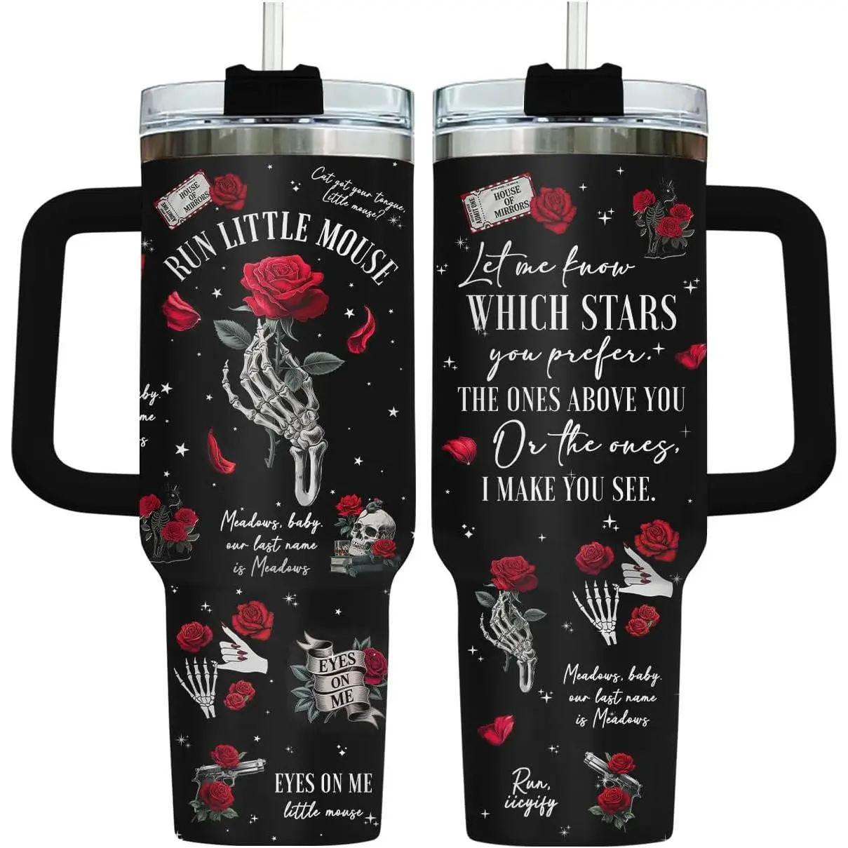 Dark Romance Bookish Tumbler, 40oz Stainless Steel Cup with Handle, Skeleton Hand and Rose Design, Run Little Mouse Coffee Cup, Birthday Gifts for Book Lovers, Fans, Kitchen Drinkware, dealsforyou, summerwins, midyearsale, restock, dealsforyou