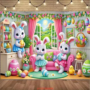Easter Bunny Tapestry Spring Gathering Backdrop Holiday Theme Wall Hanging Photography Background for Party Decoration Living Room Bedroom Indoor Outdoor Polyester