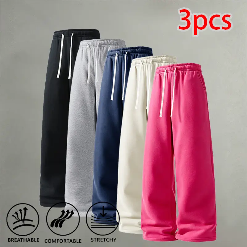 Men's 3-Piece Solid Color Knit Wide-Leg Drawstring Waist Sweatpants - Breathable, Skin-Friendly Athletic Casual Baggy Knit Track Pant for School, Running, Athletic Casual Pants, Baggy Sweatpants