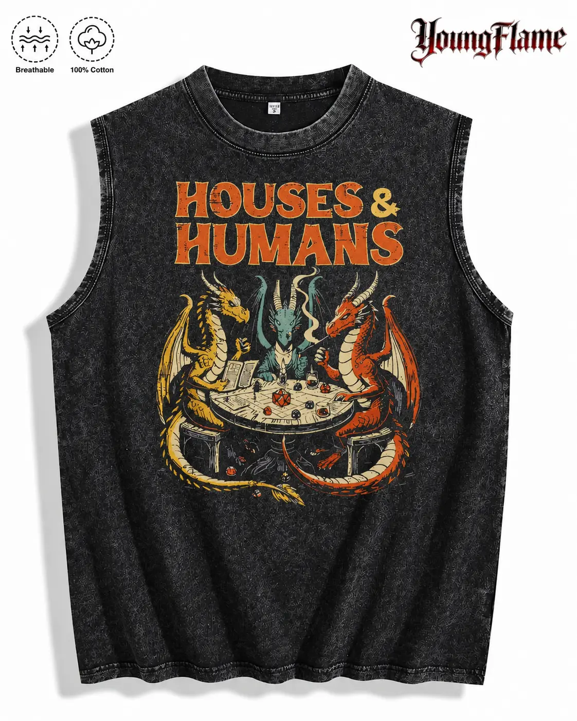 Vintage Acid Wash Fantasy Dragon Tabletop RPG Graphic Tee Nerdcore Streetwear Y2K Clothing Summer Sleeveless Tank Top retro loose t-shirt casual shirt humorous tshirt men