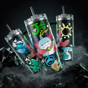 Jeff The Land Shark MV Rivals 40oz Tumbler Green Text Pattern Design Vacuum Insulated Stainless Steel Cup with Comfort Handle & Leak-Proof Straw Hot Cold Beverage Container for Superhero Fans Birthday Gift for Game Lovers Valentine's Day